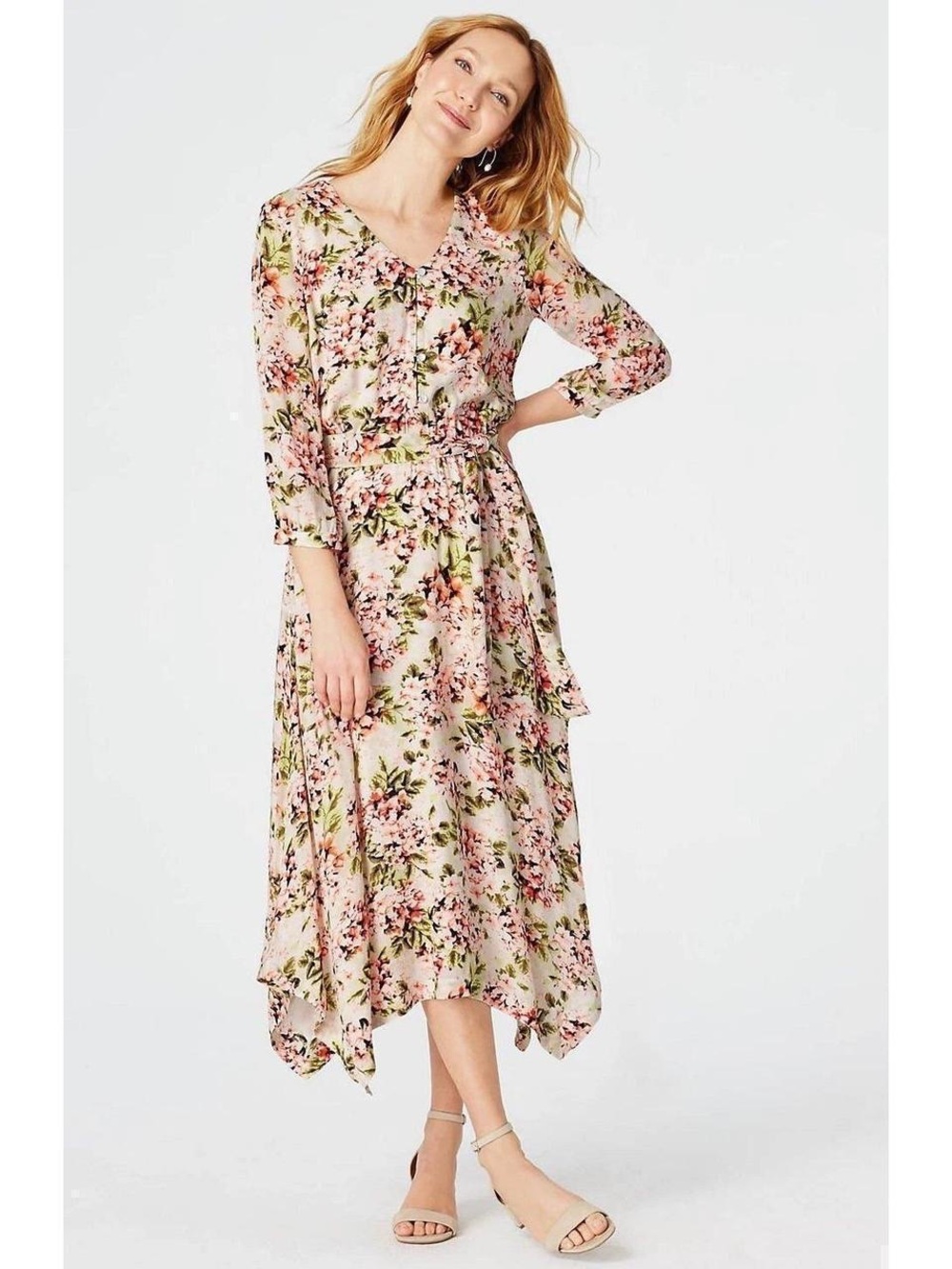 J. Jill Pink Floral Handkerchief-Hem Midi Dress
